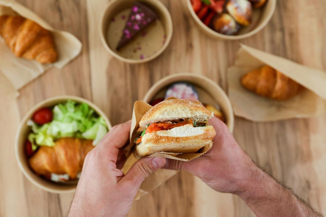 Close up of sandwich with Kari-out containers